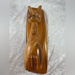 Vintage MCM Handcrafted Wooden Cat Brush with Wall Hook Mount
